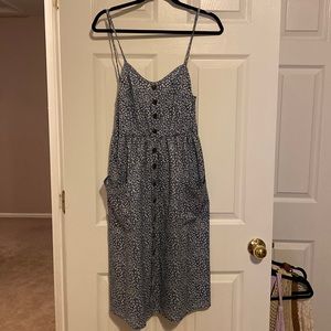 Blue and white floral midi dress with pockets